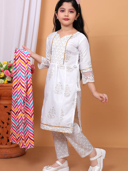 Shiidal Girls Casual, Formal, Festive & Party Kurta, Pyjama & Dupatta Set (White Pack of 1)